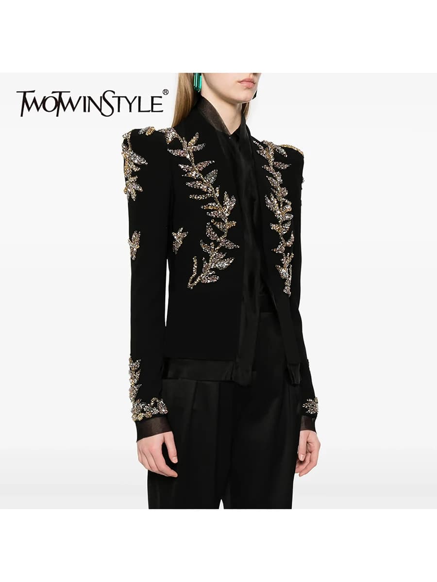 TWOTWINSTYLE Solid Spliced Beading Luxurious Jackets for Women V Neck Long Sleeves Temperament Jacket Female Fashion Clothes New