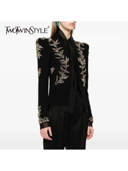 TWOTWINSTYLE Solid Spliced Beading Luxurious Jackets for Women V Neck Long Sleeves Temperament Jacket Female Fashion Clothes New