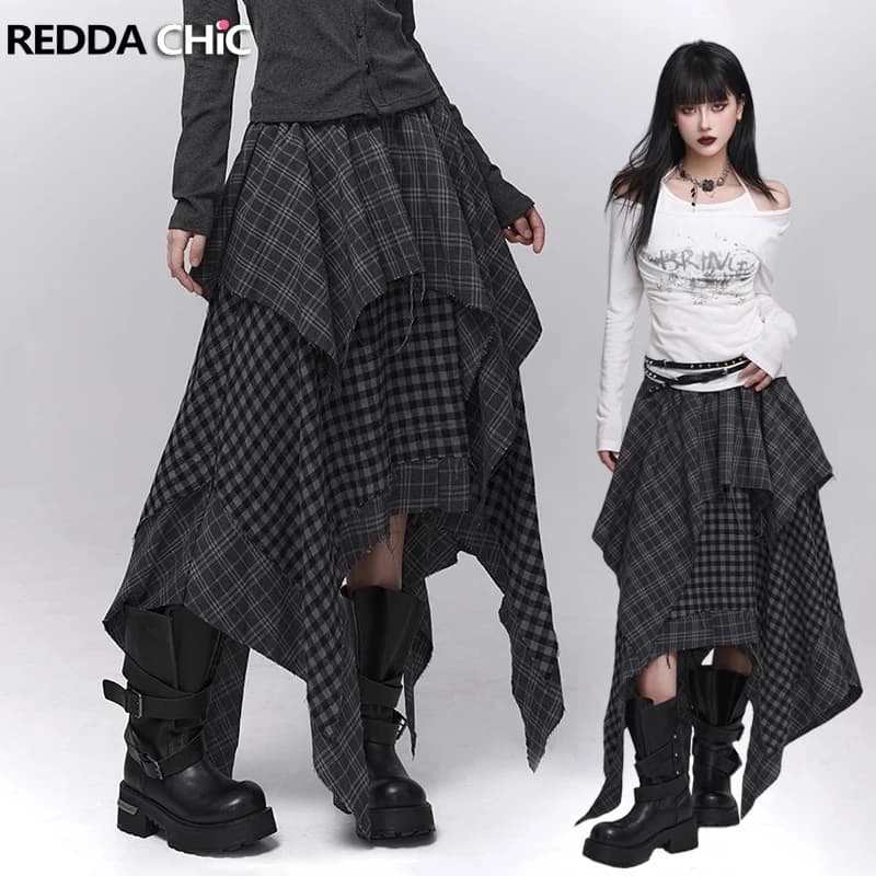 REDDACHiC Acubi Fashion Plaid Asymmetrical Skirt Alt Goth Elastic Waist Stitch Raw Edge Long Flowy Skirt Plus Size Women Bottoms