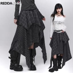 REDDACHiC Acubi Fashion Plaid Asymmetrical Skirt Alt Goth Elastic Waist Stitch Raw Edge Long Flowy Skirt Plus Size Women Bottoms