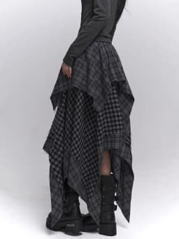 REDDACHiC Acubi Fashion Plaid Asymmetrical Skirt Alt Goth Elastic Waist Stitch Raw Edge Long Flowy Skirt Plus Size Women Bottoms