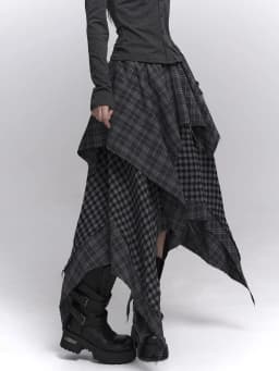 REDDACHiC Acubi Fashion Plaid Asymmetrical Skirt Alt Goth Elastic Waist Stitch Raw Edge Long Flowy Skirt Plus Size Women Bottoms