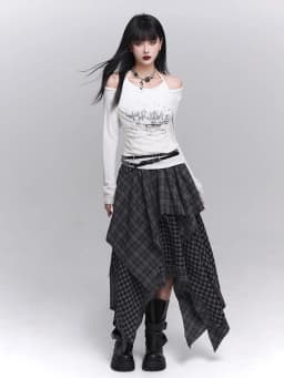REDDACHiC Acubi Fashion Plaid Asymmetrical Skirt Alt Goth Elastic Waist Stitch Raw Edge Long Flowy Skirt Plus Size Women Bottoms