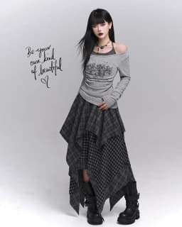 REDDACHiC Acubi Fashion Plaid Asymmetrical Skirt Alt Goth Elastic Waist Stitch Raw Edge Long Flowy Skirt Plus Size Women Bottoms