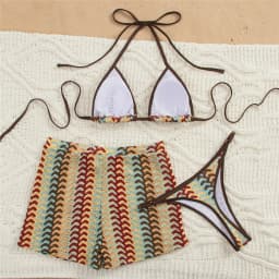 2026 Color Knitted Striped Swimwear Halter String Triangle Bikinis Sets 3 Pieces Shorts Bottom Micro Thong Sexy Swimsuit Women