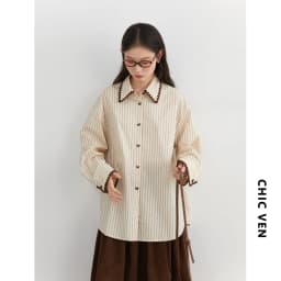 CHIC VEN Fashion Women Shirt Loose Striped Long Sleeve Female Blouses Butterfly Button Cotton Girl Coat Autumn Winter 2026