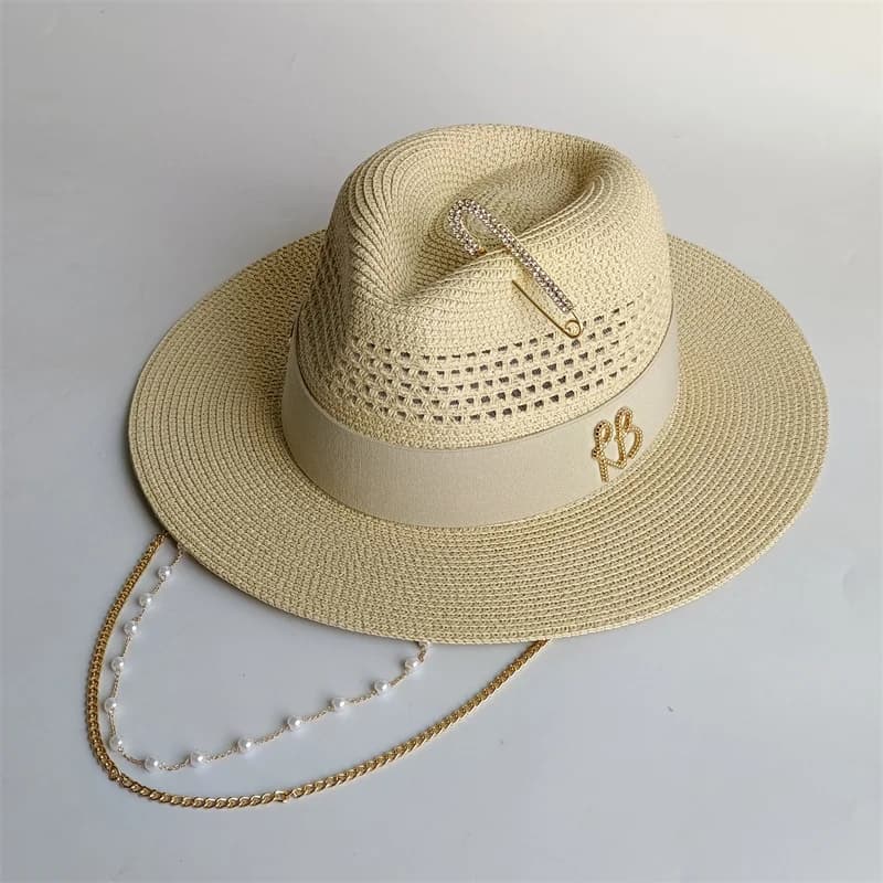Beige straw hat pearl chain DIY flat top sun hat new Korean elastic ribbon hat beach hat candy color sun hat