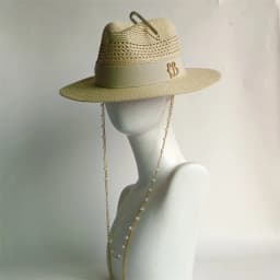 Beige straw hat pearl chain DIY flat top sun hat new Korean elastic ribbon hat beach hat candy color sun hat
