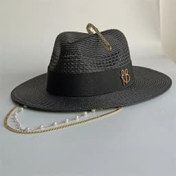 Beige straw hat pearl chain DIY flat top sun hat new Korean elastic ribbon hat beach hat candy color sun hat