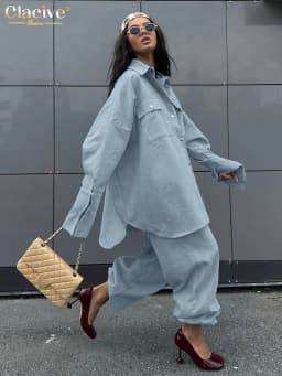 Clacive Fashion Loose Blue 2 Piece Set Women 2025 Elegant Long Sleeve Shirt With High Waist Wide Pants Set Female Clothing
