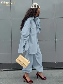 Clacive Fashion Loose Blue 2 Piece Set Women 2025 Elegant Long Sleeve Shirt With High Waist Wide Pants Set Female Clothing