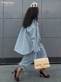 Clacive Fashion Loose Blue 2 Piece Set Women 2025 Elegant Long Sleeve Shirt With High Waist Wide Pants Set Female Clothing