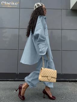 Clacive Fashion Loose Blue 2 Piece Set Women 2025 Elegant Long Sleeve Shirt With High Waist Wide Pants Set Female Clothing