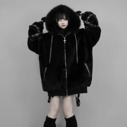 Kawaii Vintage Gothic Lolita Coat Women Harajuku Y2k Bear Ears Hooded Loose Plush Jacket Ropa Mujer Girls Sweet Warm Outwear