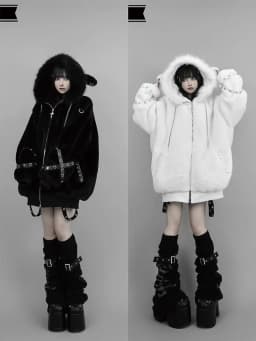 Kawaii Vintage Gothic Lolita Coat Women Harajuku Y2k Bear Ears Hooded Loose Plush Jacket Ropa Mujer Girls Sweet Warm Outwear