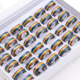 30pcs Wholesale 6 Row Color Enamel Waterproof Men Ring Rainbow Stripe Stainless Steel Ring For Women Colorful Band Ring Lovers G