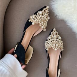 New Crown Pearl Flats Women Wedding Shoes Pointed Toe Female Dress Moccasins Low Pearl Heel Ladies Fashion Luxury Style 43