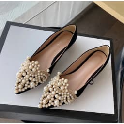 New Crown Pearl Flats Women Wedding Shoes Pointed Toe Female Dress Moccasins Low Pearl Heel Ladies Fashion Luxury Style 43