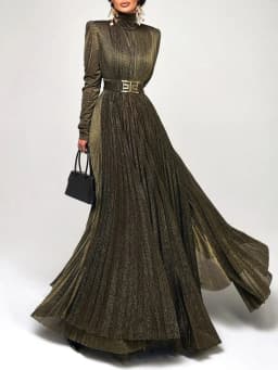TWOTWINSTYLE Solid Spliced Belt Slimming Dresses For Women O Neck Long Sleeve High Waist Temperament Long Dress Female Clothes