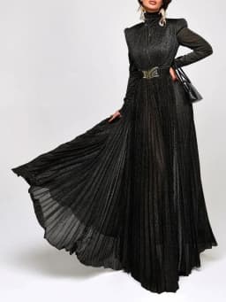TWOTWINSTYLE Solid Spliced Belt Slimming Dresses For Women O Neck Long Sleeve High Waist Temperament Long Dress Female Clothes