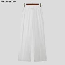 INCERUN See Through Pants Men Hansome Stripes Splicing Trousers Casual Loose Solid Color Bottoms Elegant Leisure Party Pants