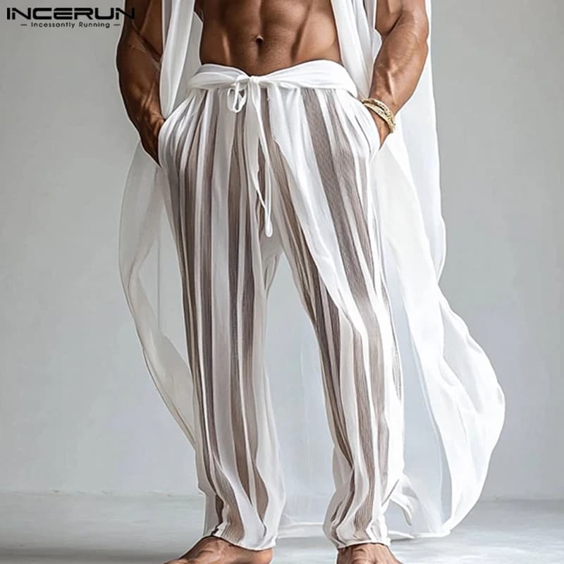 INCERUN See Through Pants Men Hansome Stripes Splicing Trousers Casual Loose Solid Color Bottoms Elegant Leisure Party Pants