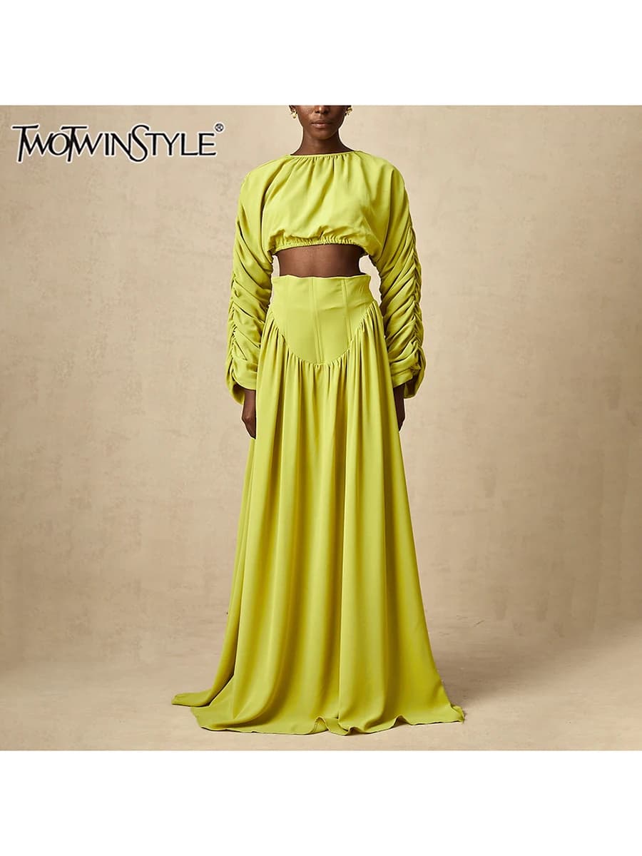 TWOTWINSTYLE Solid Loose Two Piece Set O Neck Long Sleeve Short Top High Waist A Line Skirts Temperament Suits Female Clothes
