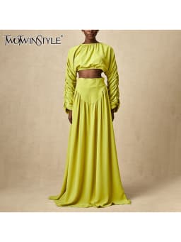 TWOTWINSTYLE Solid Loose Two Piece Set O Neck Long Sleeve Short Top High Waist A Line Skirts Temperament Suits Female Clothes