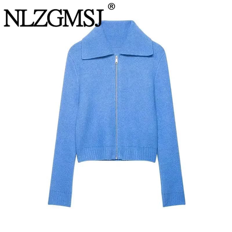 Nlzgmsj 2026 Spring New Round Solid Color Knitted Open Cardigan Women Lapel Zipper Leisure Knitted Top