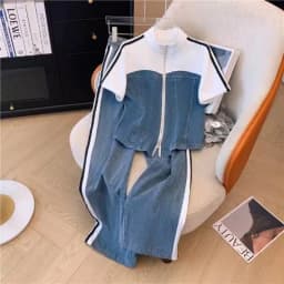 Pant Set Women Two Piece Sets Denim Splice Zipper Matching Sets Casual Coats Wide Leg Long Pants Lace Up Elastic Waist 2025