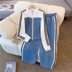 Pant Set Women Two Piece Sets Denim Splice Zipper Matching Sets Casual Coats Wide Leg Long Pants Lace Up Elastic Waist 2025
