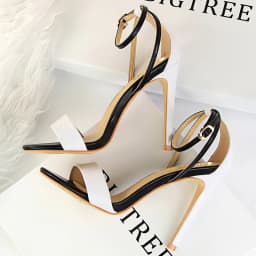 Women Black-White Concise Leather 11cm High Heels Sandals Lady Adjustable Ankle Buckle Shoes Female Fashion Party Dress Shoes