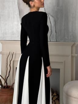 Wmstar 2025 New Women Fashionable Elegant Dress Tight A Line Large Skirt Hem Long Sleeve Round Neck Dress Color Blocking