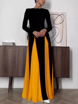 Wmstar 2025 New Women Fashionable Elegant Dress Tight A Line Large Skirt Hem Long Sleeve Round Neck Dress Color Blocking