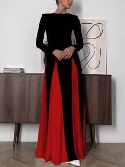 Wmstar 2025 New Women Fashionable Elegant Dress Tight A Line Large Skirt Hem Long Sleeve Round Neck Dress Color Blocking
