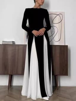 Wmstar 2025 New Women Fashionable Elegant Dress Tight A Line Large Skirt Hem Long Sleeve Round Neck Dress Color Blocking