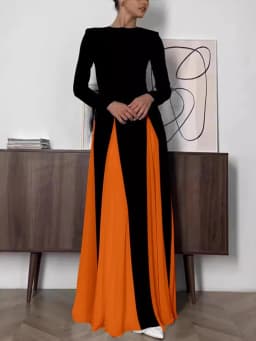 Wmstar 2025 New Women Fashionable Elegant Dress Tight A Line Large Skirt Hem Long Sleeve Round Neck Dress Color Blocking