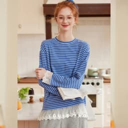 LOUIS YAO Contrast Colors Women's T-Shirts 2025 Autumn Striped Lace Long Sleeve Tees Slightly Stretchy Round Neck Casual Tops