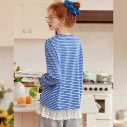 LOUIS YAO Contrast Colors Women's T-Shirts 2025 Autumn Striped Lace Long Sleeve Tees Slightly Stretchy Round Neck Casual Tops