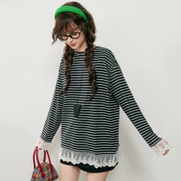 LOUIS YAO Contrast Colors Women's T-Shirts 2025 Autumn Striped Lace Long Sleeve Tees Slightly Stretchy Round Neck Casual Tops