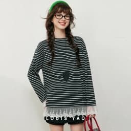 LOUIS YAO Contrast Colors Women's T-Shirts 2025 Autumn Striped Lace Long Sleeve Tees Slightly Stretchy Round Neck Casual Tops
