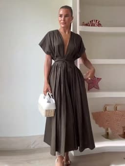 HH Summer Woman Lace Pleated Single-Breasted Design Midi Dress Women V-Neck Short Sleeve Chic Dress Elegant Slim Beach Dress