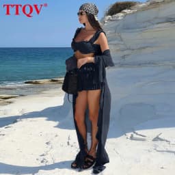 TTQV Sexy Loose White Women's 3 Pieces Set 2025 Fashion Long Sleeve Robes + Bra With High Waist Pleated Mini Skirt Set Female