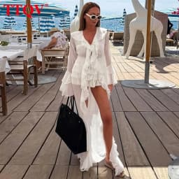 TTQV Sexy Loose White Women's 3 Pieces Set 2025 Fashion Long Sleeve Robes + Bra With High Waist Pleated Mini Skirt Set Female