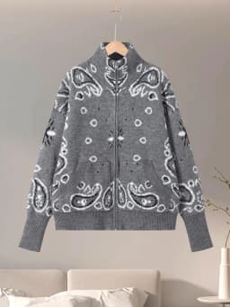2026 Spring Loose Knit Jacquard Stand Collar Women Cardigan Zipper Full Sleeve Pockets Loose Sweater Fashion Lady Soft Knitwear