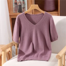 Women's Short Sleeved 100% Pure Mink Cashmere Knitted Sweater Autumn Winter New V-Neck T-Shirt Top Casual Solid Color Base Shirt