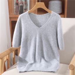 Women's Short Sleeved 100% Pure Mink Cashmere Knitted Sweater Autumn Winter New V-Neck T-Shirt Top Casual Solid Color Base Shirt