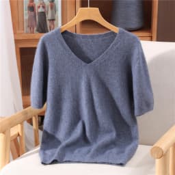 Women's Short Sleeved 100% Pure Mink Cashmere Knitted Sweater Autumn Winter New V-Neck T-Shirt Top Casual Solid Color Base Shirt