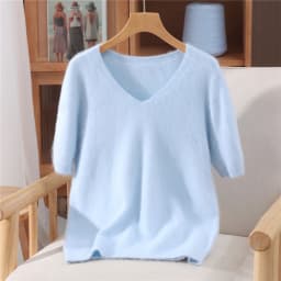 Women's Short Sleeved 100% Pure Mink Cashmere Knitted Sweater Autumn Winter New V-Neck T-Shirt Top Casual Solid Color Base Shirt