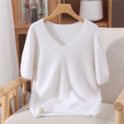 Women's Short Sleeved 100% Pure Mink Cashmere Knitted Sweater Autumn Winter New V-Neck T-Shirt Top Casual Solid Color Base Shirt